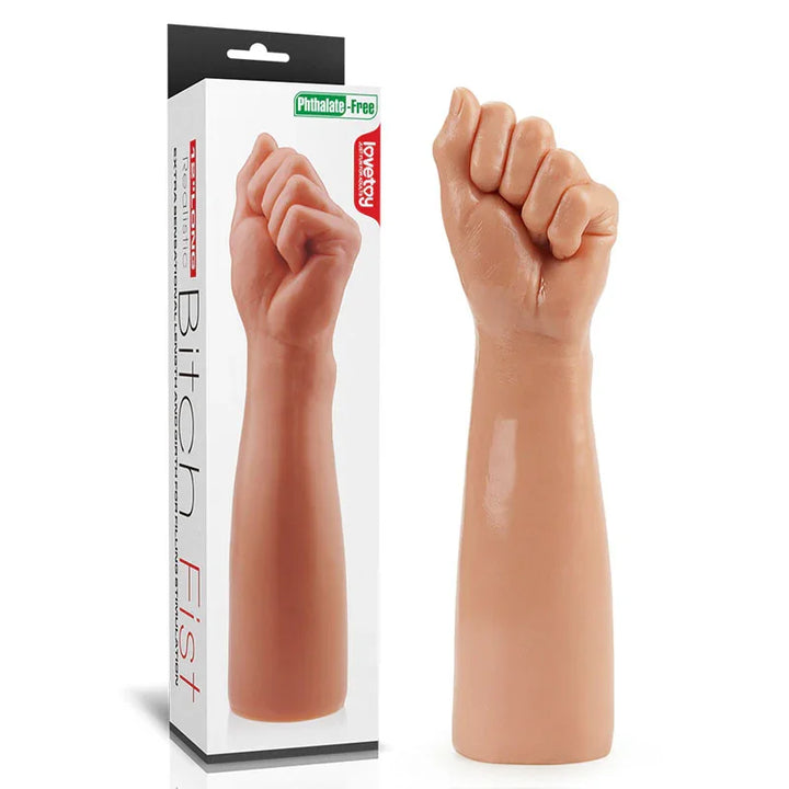 Lovetoy King Sized 12 inch Bitch Fist dildo in Flesh beside its retail box