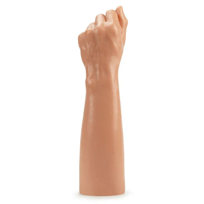 Bitch Fist fist and forearm dildo standing upright on white, fingers curled into a fist