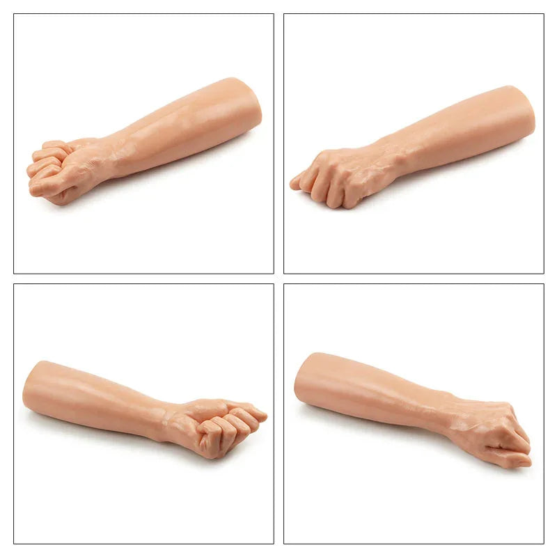 Four angles of the Bitch Fist dildo laid horizontally, showing the forearm and knuckles