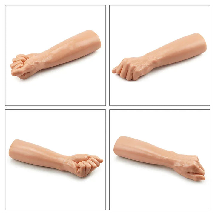 Four angles of the Bitch Fist dildo laid horizontally, showing the forearm and knuckles