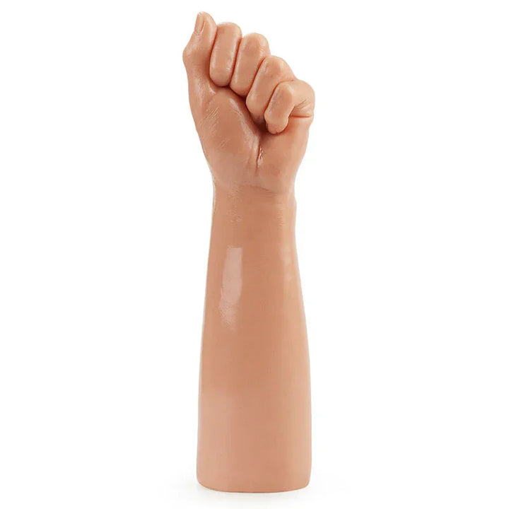 Bitch Fist dildo upright, side view of the moulded forearm and clenched hand