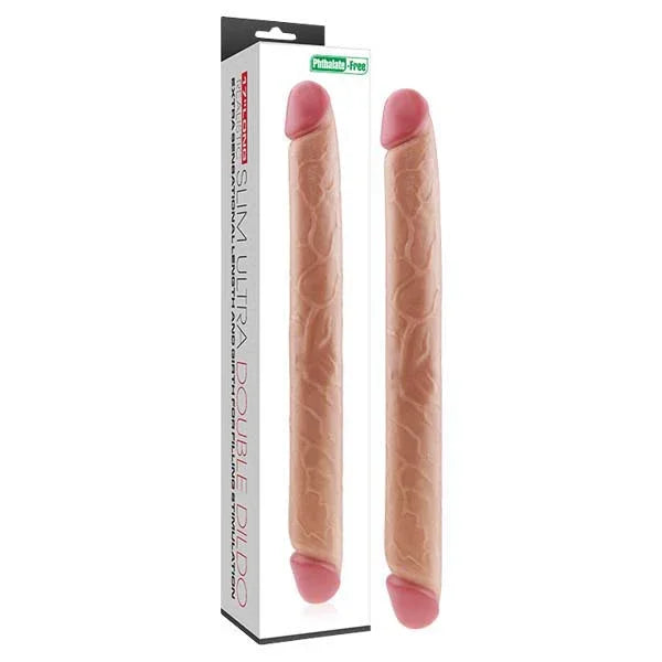Lovetoy Slim Ultra 17 inch double dildo in Flesh, two slim shafts pictured on its box