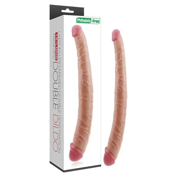 Lovetoy Lady-Killer 14 inch tapered double dildo in Flesh, curved shaft, beside its box