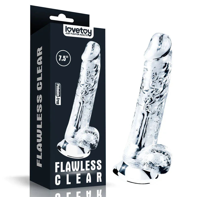 Lovetoy Flawless Clear 7.5 inch dildo in Clear next to its black retail box