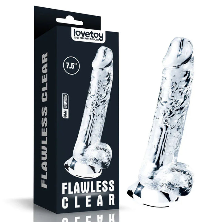 Lovetoy Flawless Clear 7.5 inch dildo in Clear next to its black retail box