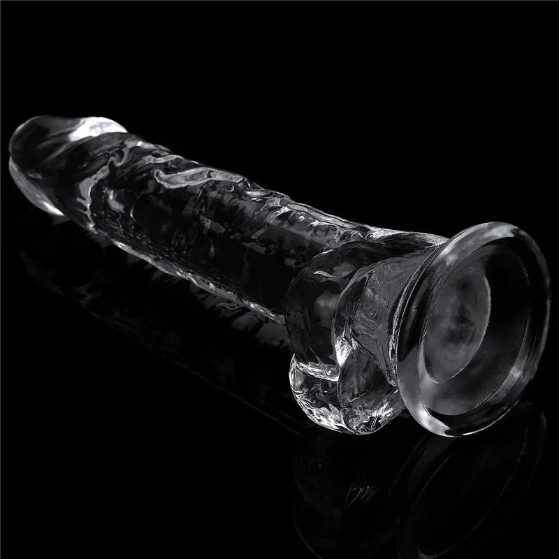 Flawless Clear 7.5 inch dildo at an angle showing the suction cup base and moulded balls