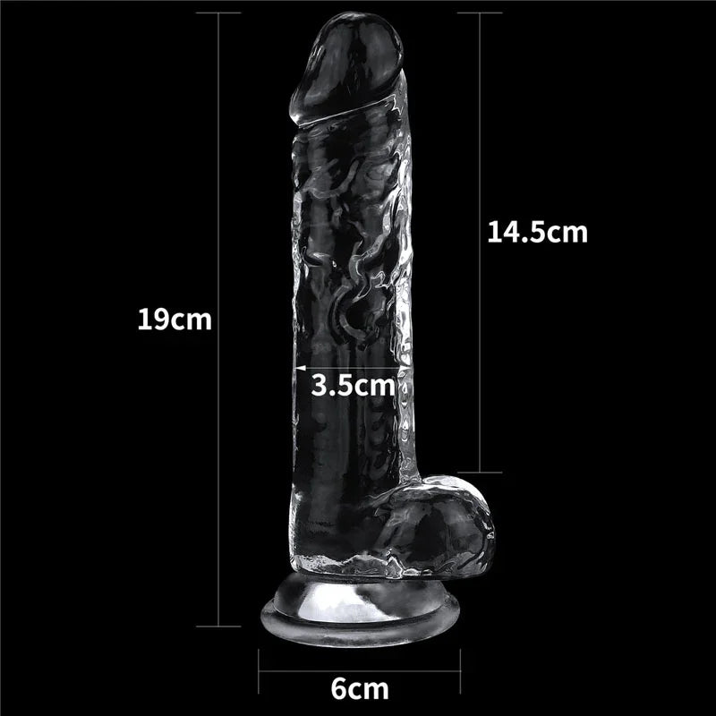 Flawless Clear 7.5 inch size chart: 19 cm long, 14.5 cm insertable, 3.5 cm wide, 6 cm base