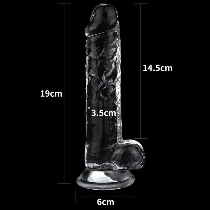 Flawless Clear 7.5 inch size chart: 19 cm long, 14.5 cm insertable, 3.5 cm wide, 6 cm base