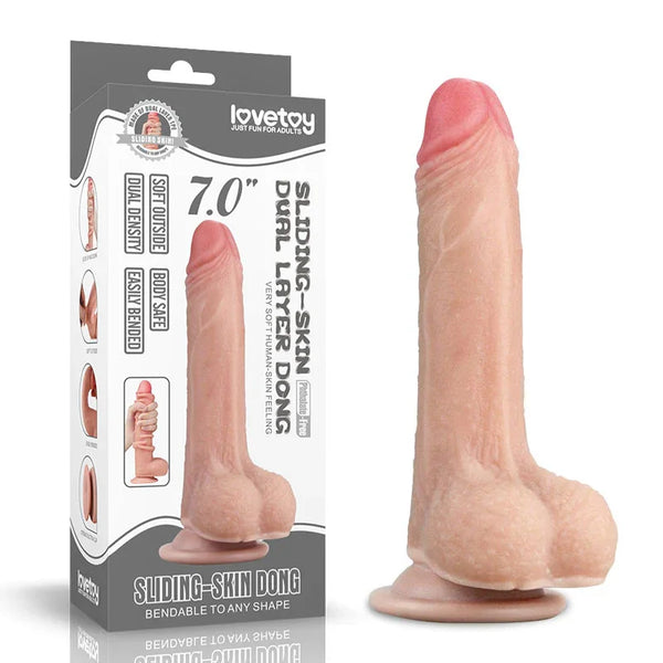 Lovetoy Sliding Skin dual layer 7 inch dong in Flesh on its suction base, with retail box