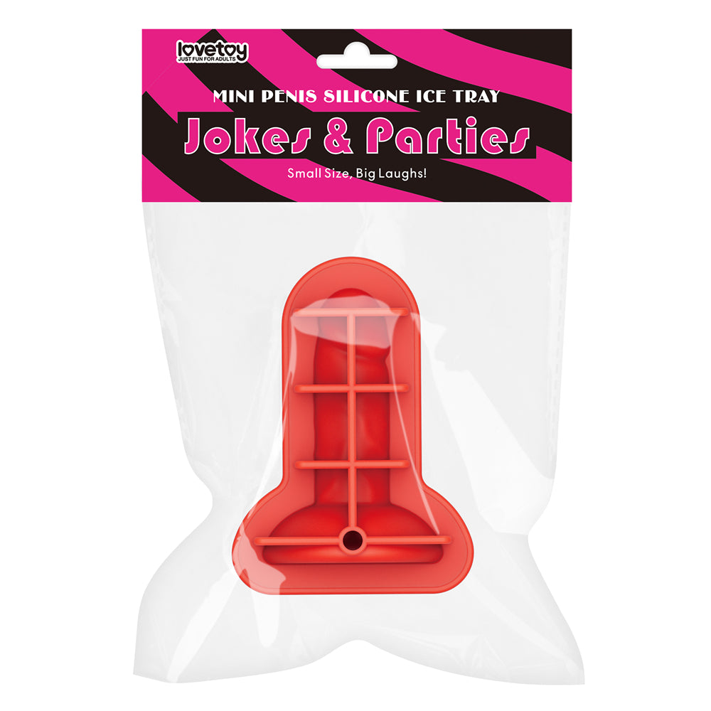 Jokes & Parties mini penis ice tray in red silicone, sealed in its printed bag