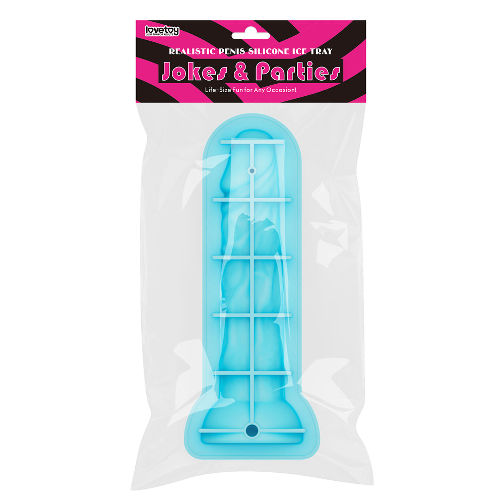 Jokes & Parties realistic penis ice tray in blue silicone, life-size mould in its packet