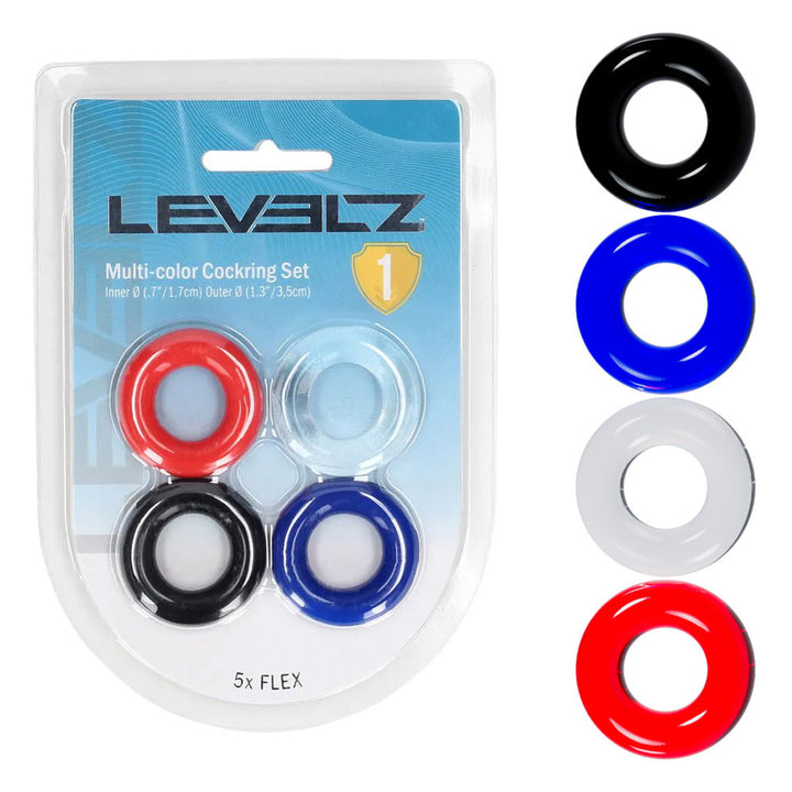 LEVELZ Multicolour Cock Ring Set of 4, blister pack beside a column of black, blue, clear and red rings