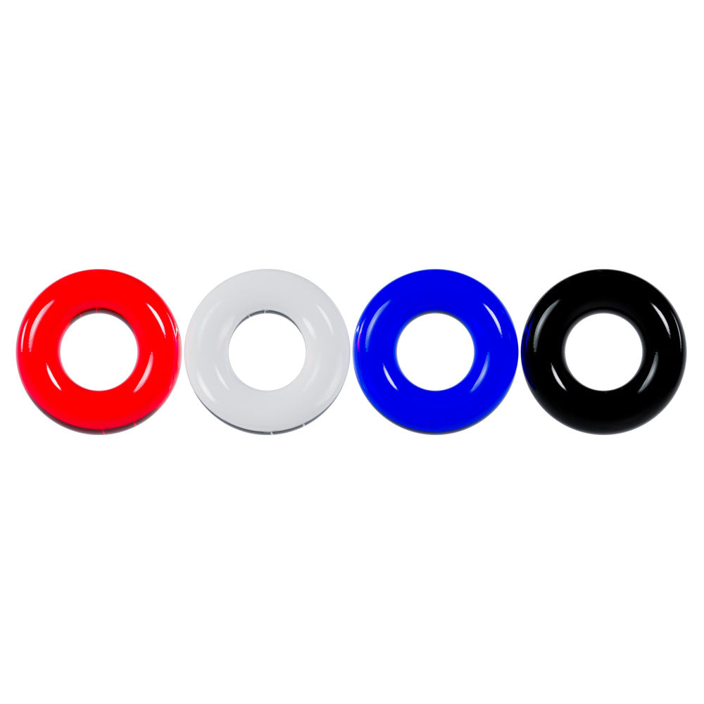 LEVELZ Multicolour Cock Ring Set of 4, the four stretchy rings in a row: red, clear, blue and black