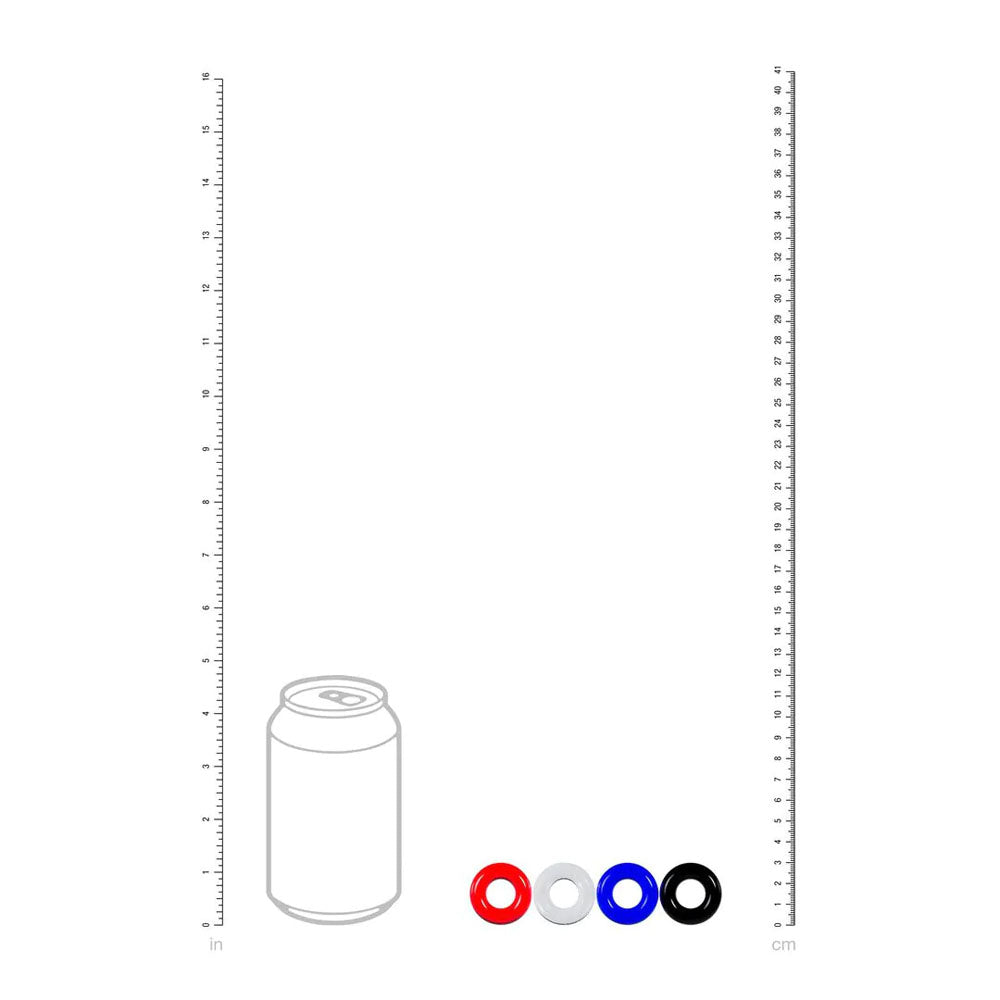LEVELZ Multicolour Cock Ring Set of 4, scale diagram with rulers and a drink can silhouette