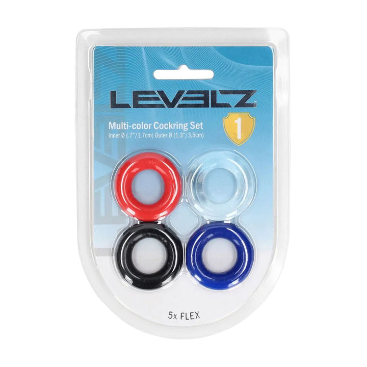 LEVELZ Multicolour Cock Ring Set of 4, front of the blue blister pack marked 5x FLEX