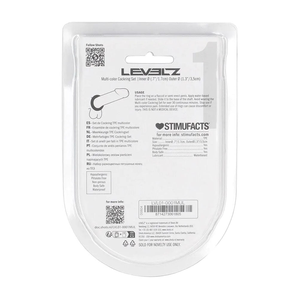 LEVELZ Multicolour Cock Ring Set of 4, back of the pack showing usage text and barcode