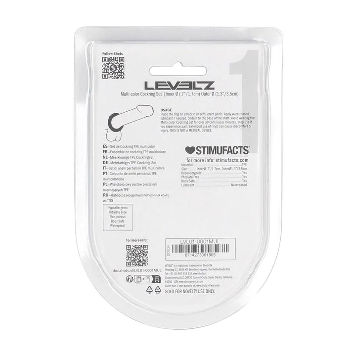 LEVELZ Multicolour Cock Ring Set of 4, back of the pack showing usage text and barcode