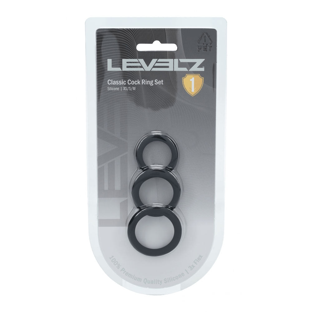 LEVELZ Classic Silicone Cock Ring Set of 3 XS/S/M, front of the sealed blister pack