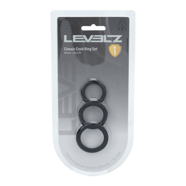 LEVELZ Classic Silicone Cock Ring Set of 3 XS/S/M, front of the sealed blister pack