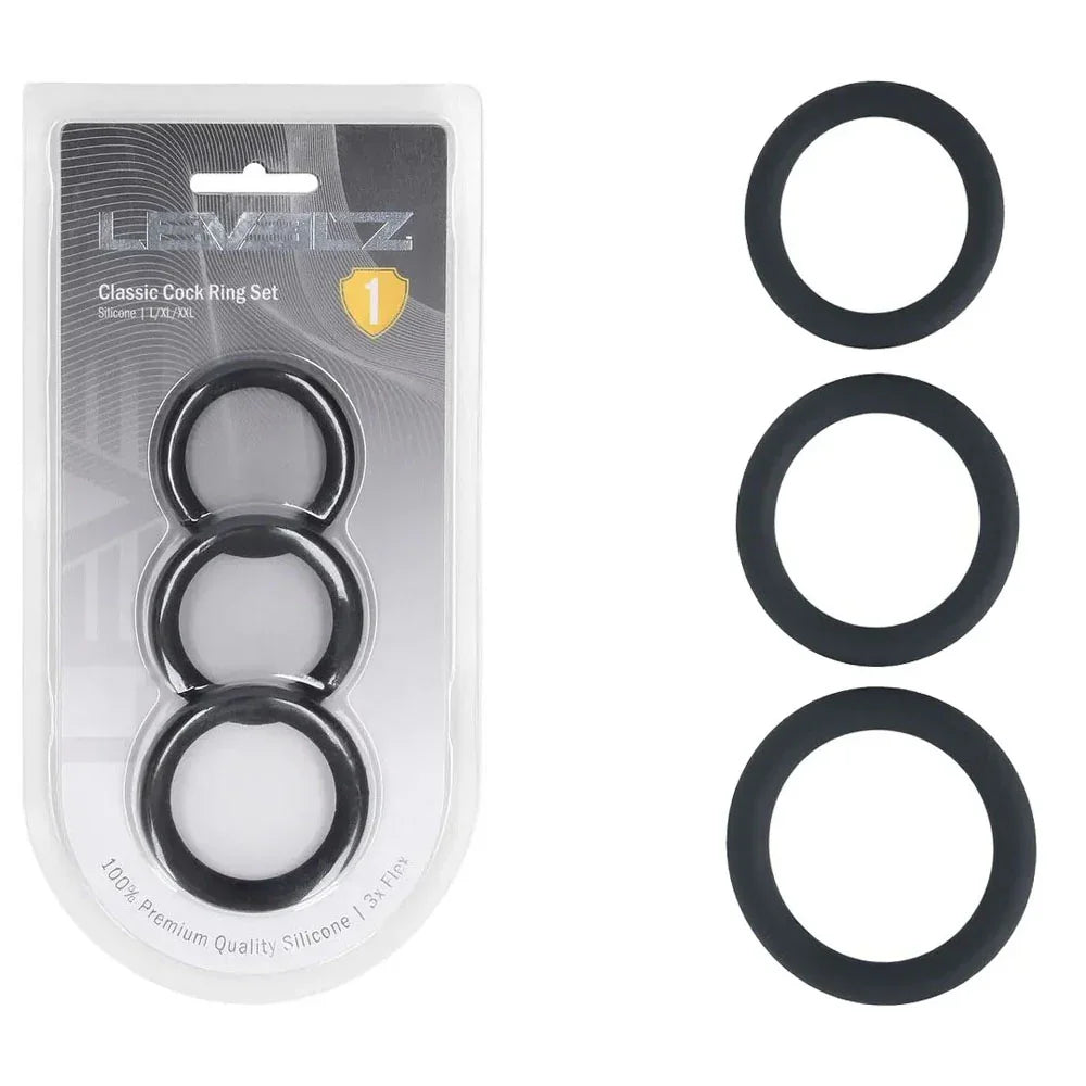 Shots Toys LEVELZ Classic Silicone Cock Ring Set of 3 (L/XL/XXL), Black