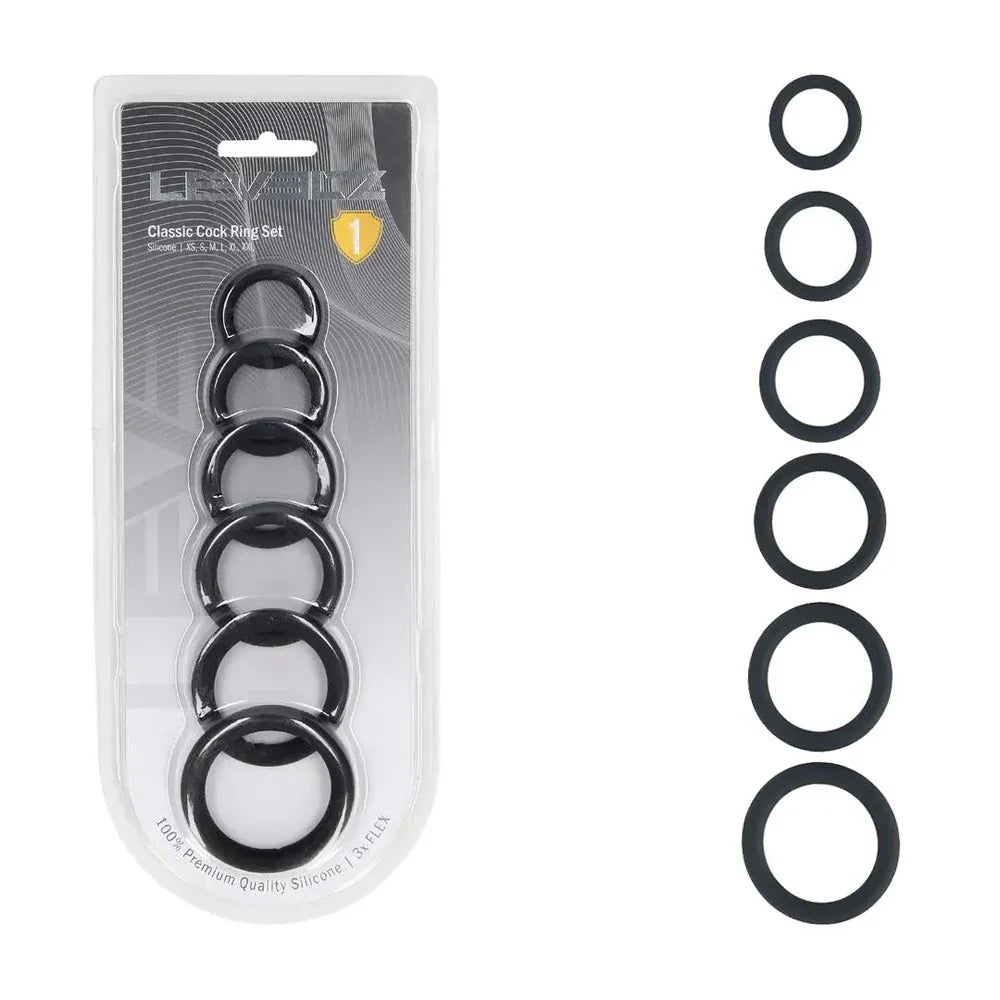 Shots Toys LEVELZ Classic Silicone Cock Ring Set of 6, Black
