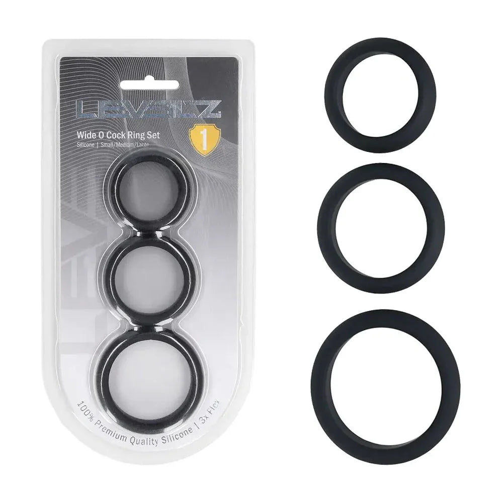Shots Toys LEVELZ Wide O Silicone Cock Ring Set of 3 (S/M/L), Black