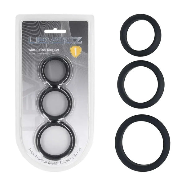Shots Toys LEVELZ Wide O Silicone Cock Ring Set of 3 (S/M/L), Black