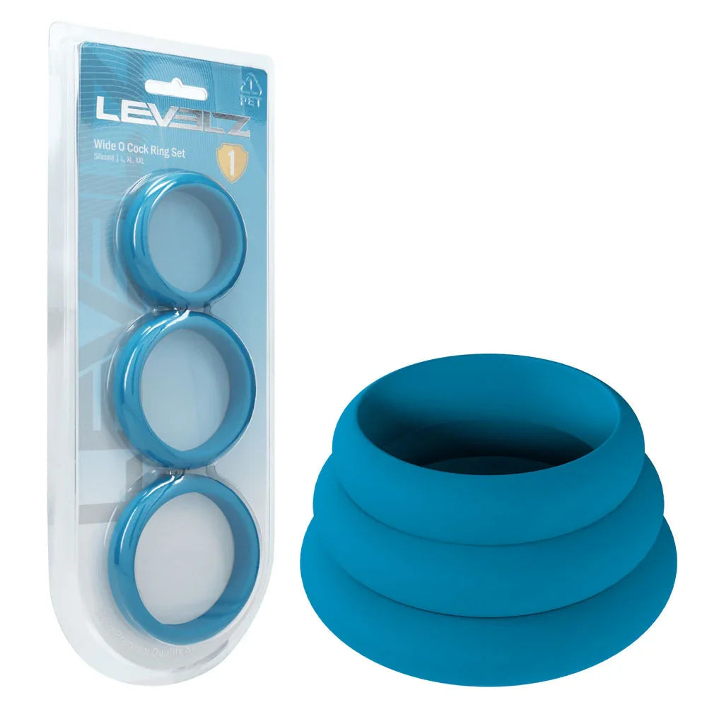 LEVELZ Wide O Silicone Cock Ring Set of 3 in Teal, blister card beside the three rings nested into a cone