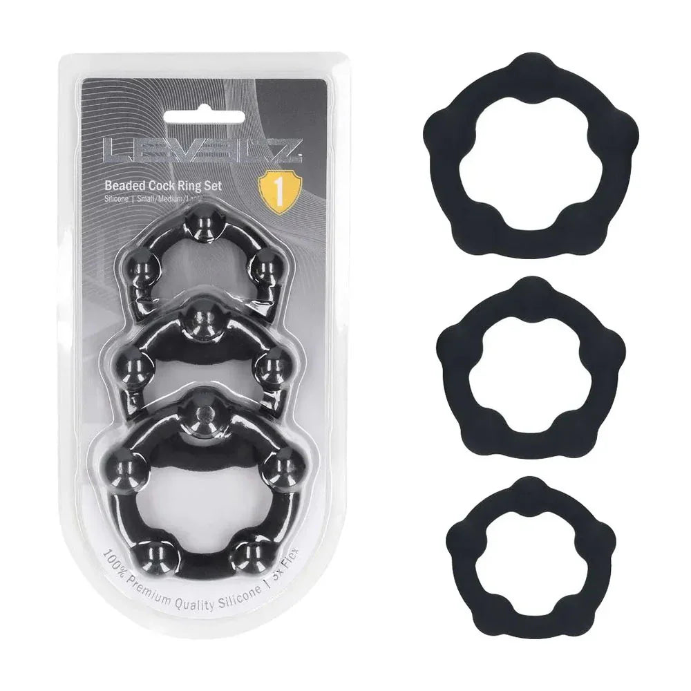 Shots Toys LEVELZ Beaded Silicone Cock Ring Set of 3, Black