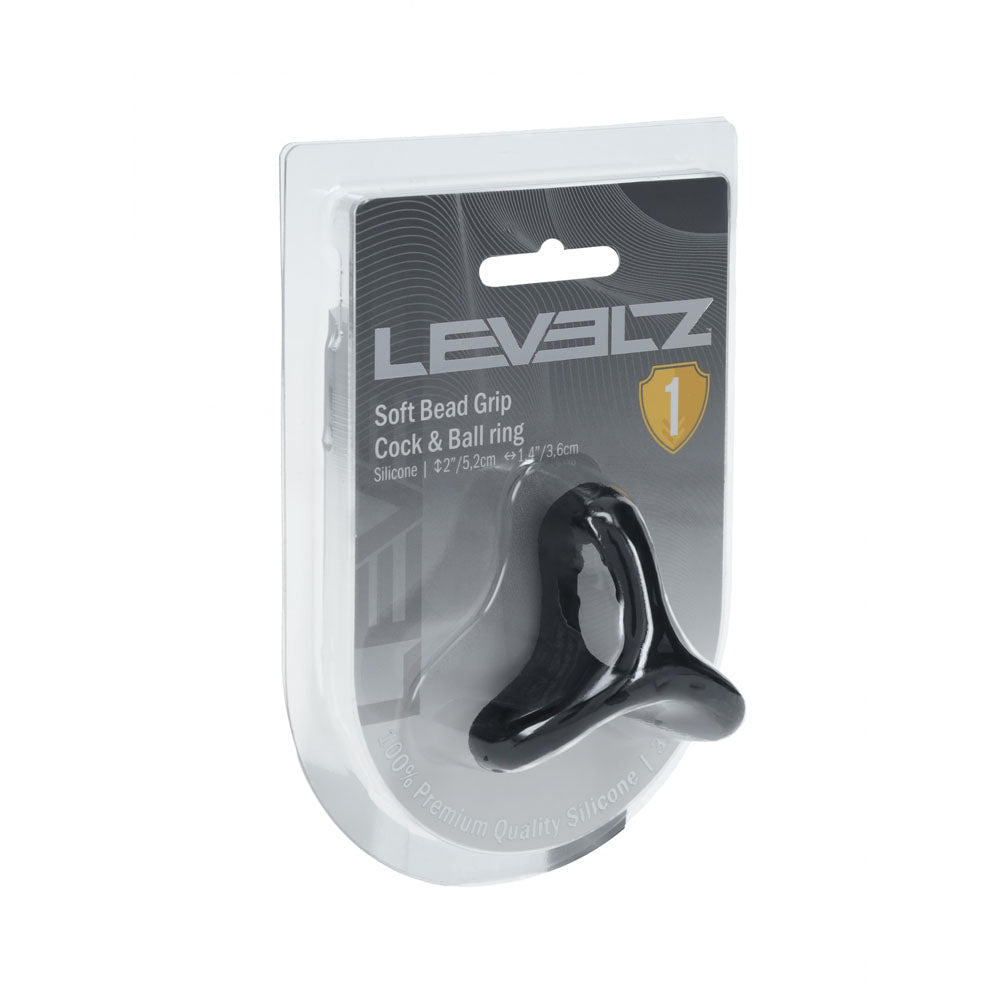 LEVELZ Soft Bead Grip Cock & Ball Ring in Black, sealed blister pack photographed at a three-quarter angle