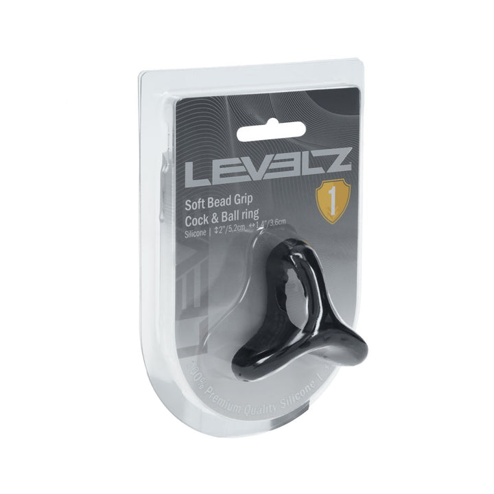 LEVELZ Soft Bead Grip Cock & Ball Ring in Black, sealed blister pack photographed at a three-quarter angle