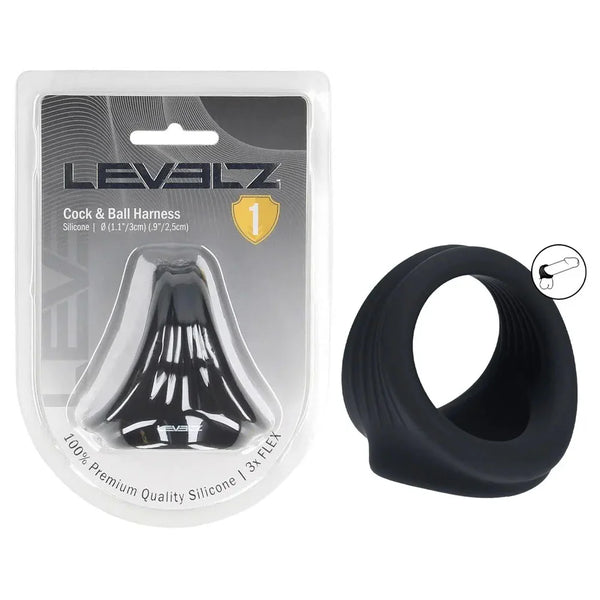 LEVELZ Silicone Cock & Ball Harness Ring in Black, pack beside the ribbed double-loop harness