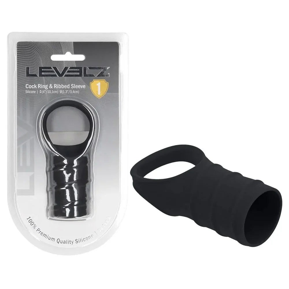 Shots Toys LEVELZ Silicone Cock Ring with Ribbed Sleeve, Black