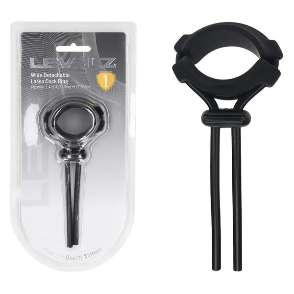 LEVELZ Wide Detachable Lasso Cock Ring in Black, pack beside the wide ring with detachable lasso straps