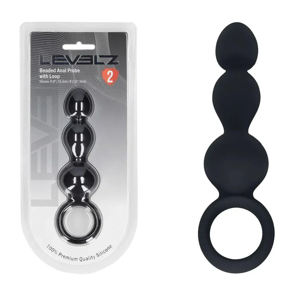 Shots Toys LEVELZ Beaded Silicone Anal Probe with Loop, Black