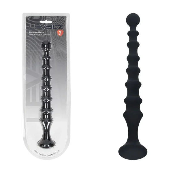 LEVELZ Ribbed Silicone Flared Anal Beads in Black, pack beside the ribbed probe with flared base