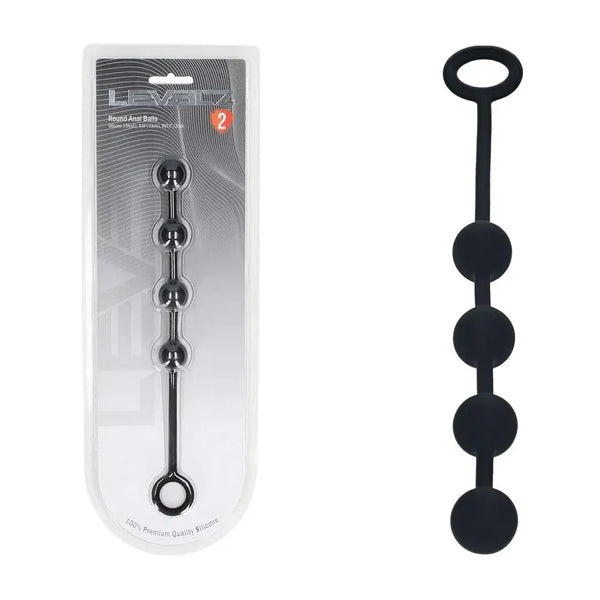 LEVELZ Round Silicone Anal Balls 20mm in Black, pack beside the four-ball string with a large pull ring