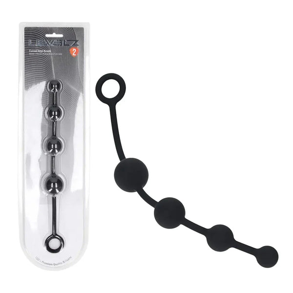 LEVELZ Curved Silicone Anal Beads in Black, pack beside the graduated bead string with pull loop