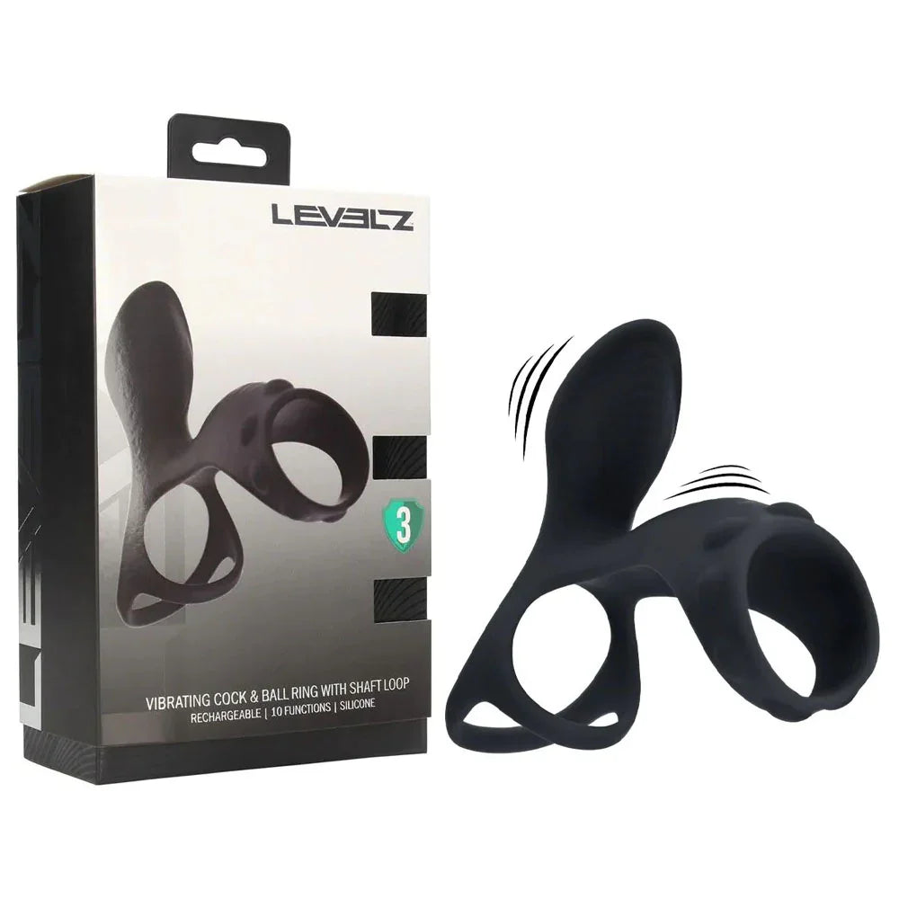 Shots Toys LEVELZ Vibrating Cock & Ball Ring with Shaft Loop, Black