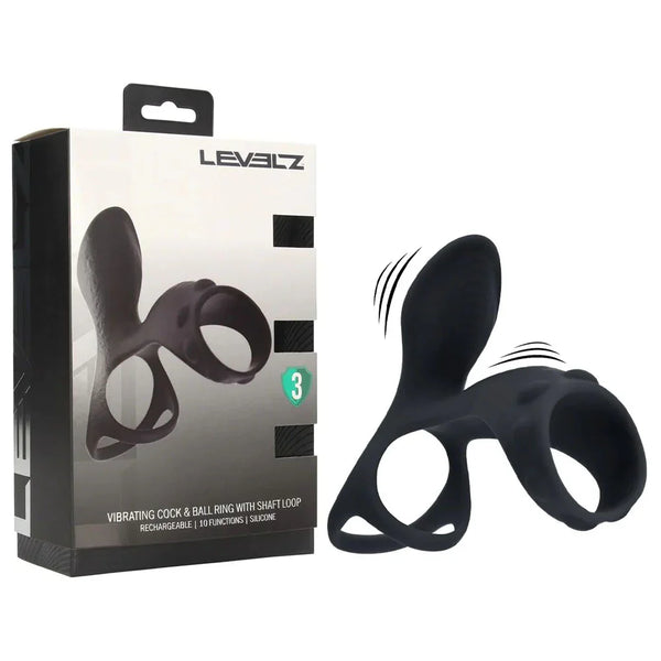 Shots Toys LEVELZ Vibrating Cock & Ball Ring with Shaft Loop, Black