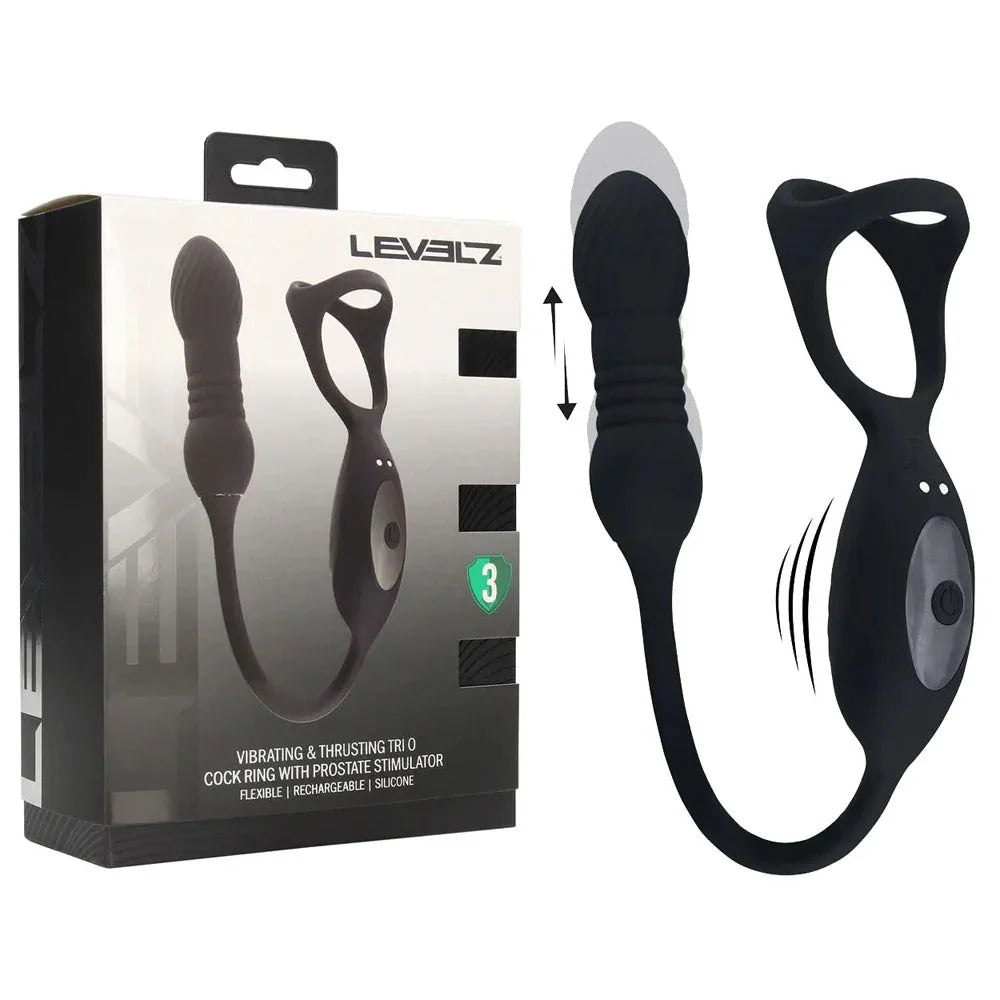 Shots Toys LEVELZ Thrusting Trio Cock Ring with Prostate Plug, Black