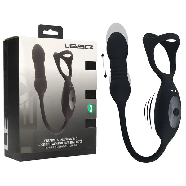 Shots Toys LEVELZ Thrusting Trio Cock Ring with Prostate Plug, Black