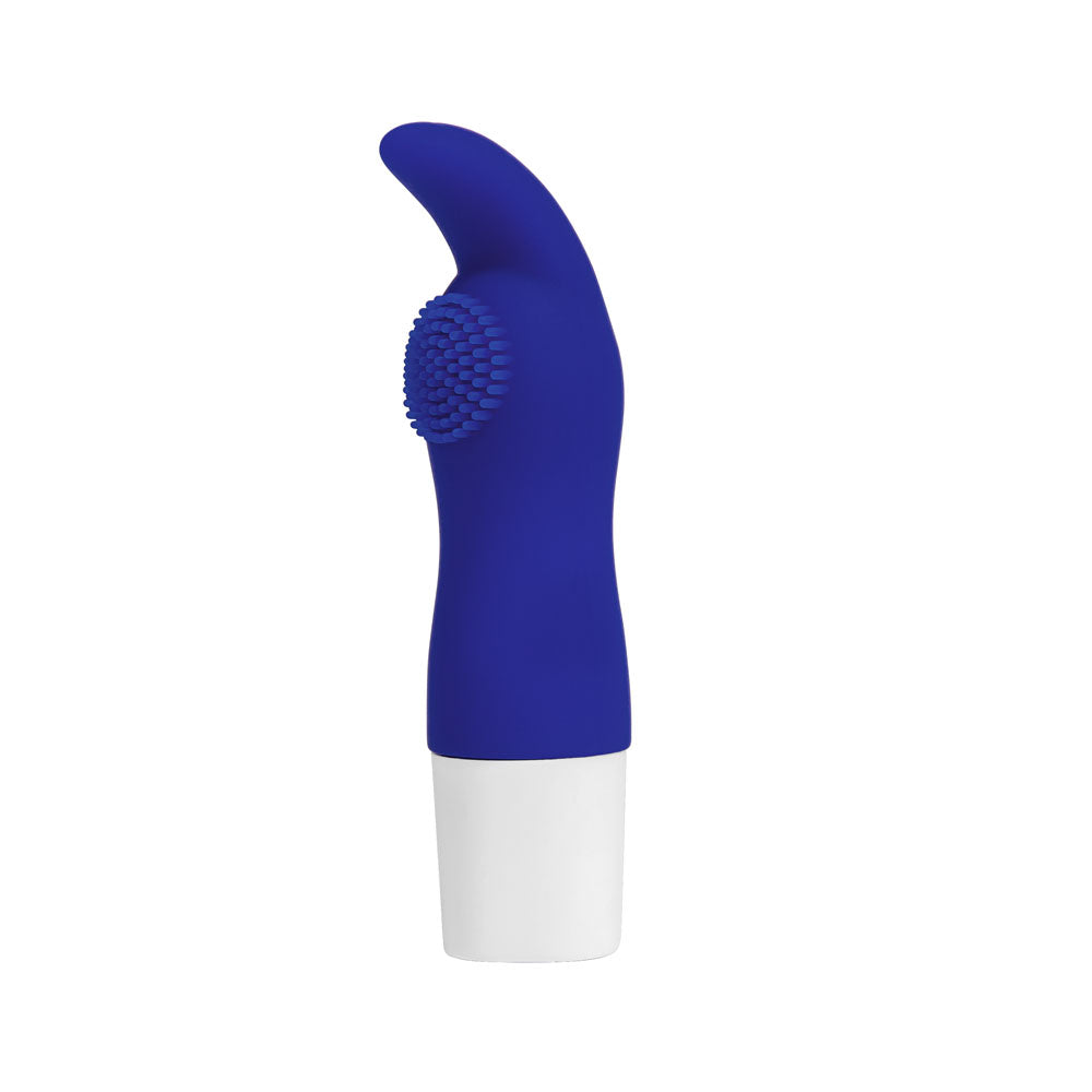 The Maia KAPRI - Blue 8.9 cm USB Rechargeable Bullet is a silicone massager with a curved, textured surface and ergonomic design for comfort. Its body-safe material resembles small bristles for enhanced sensation and includes convenient magnetic charging, positioned vertically on a white base.