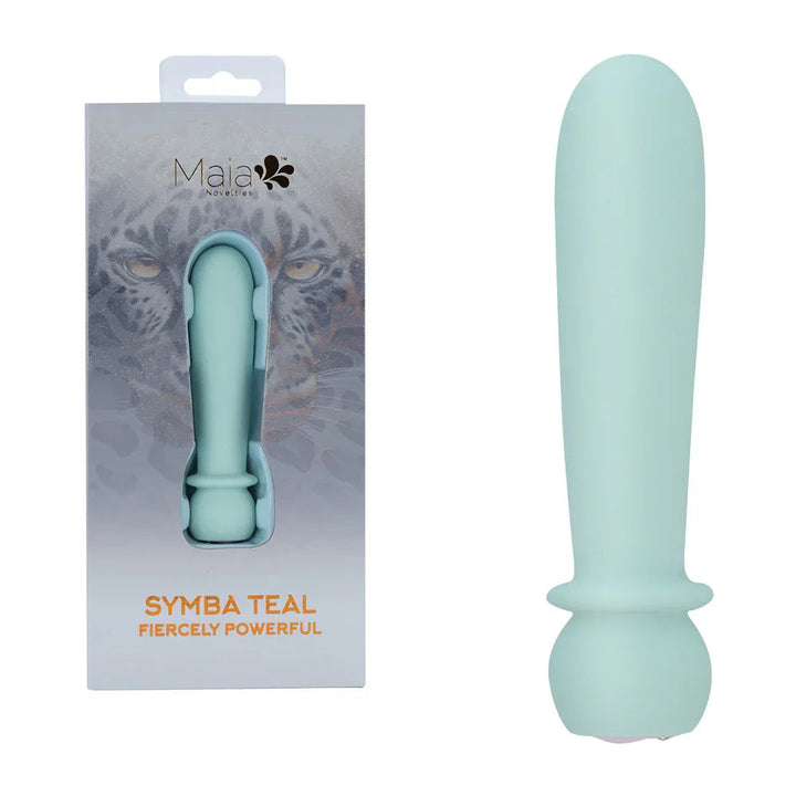 Maia Symba bullet vibrator in Teal, spiral ribbed shaft beside its Fierce box