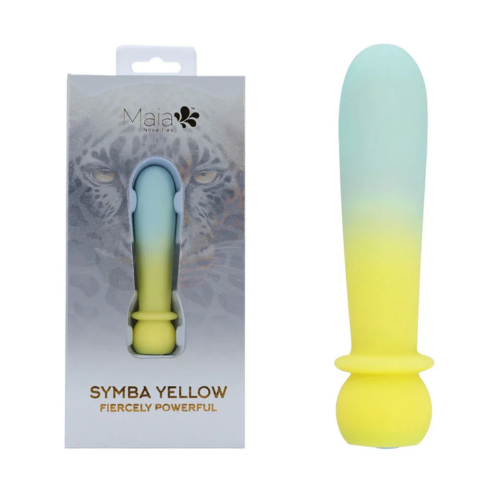 Maia Symba bullet vibrator in mint to Yellow gradient, beside its Fierce box