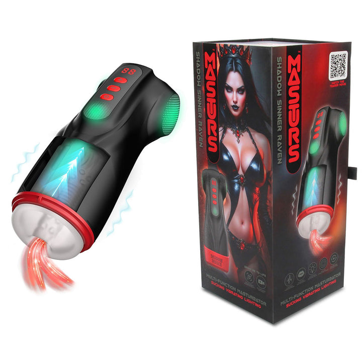 MASTURS Raven Auto Stroker, black and red stroker beside its Shadow Sinner Raven display box