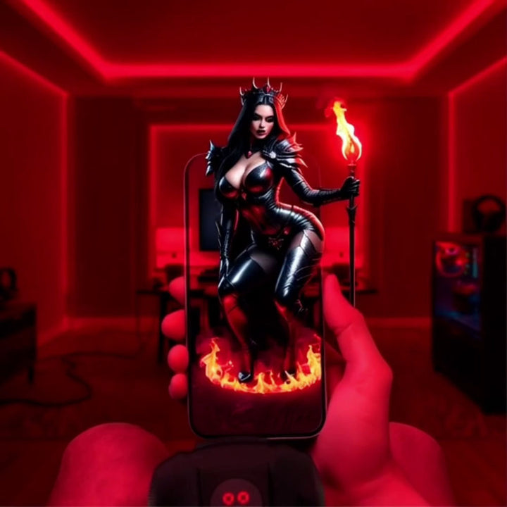 MASTURS Raven Auto Stroker, a phone held over the device showing the Raven character in AR
