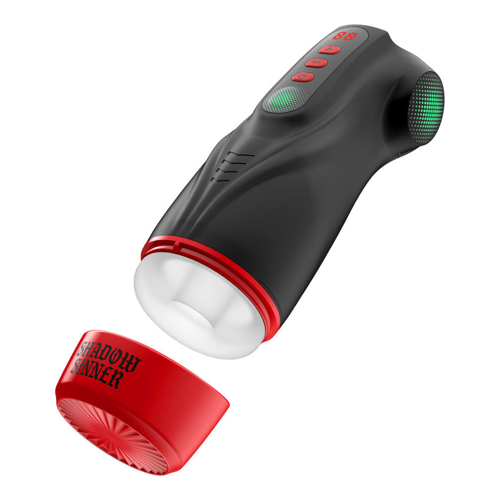 MASTURS Raven Auto Stroker, red end cap removed to reveal the white inner sleeve