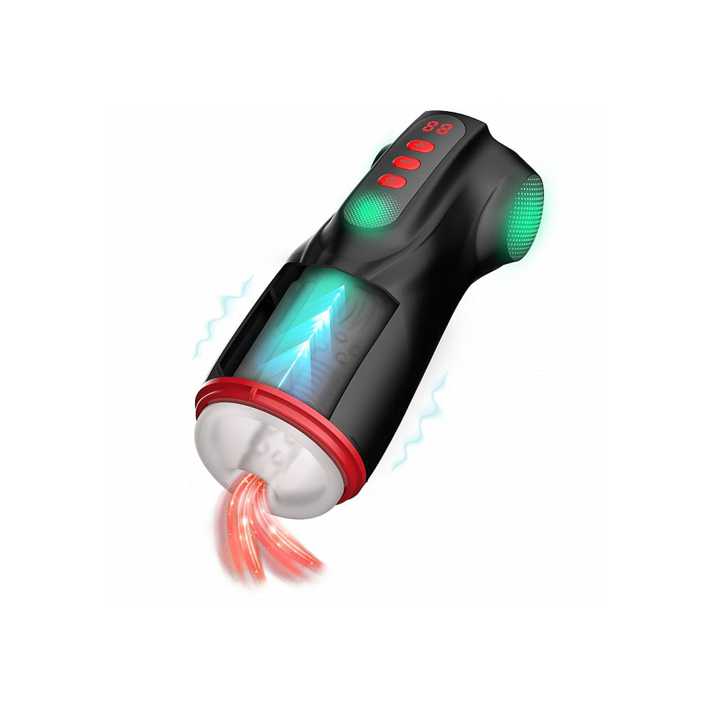MASTURS Raven Auto Stroker, angled render with vibration lines and a red glow at the opening