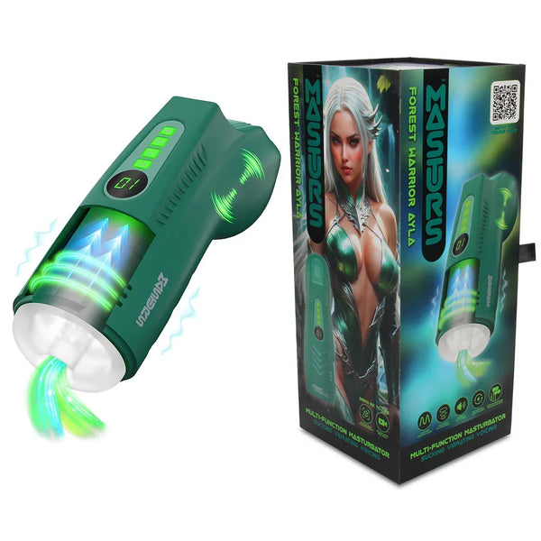 MASTURS Ayla Auto Stroker, green stroker angled beside its Forest Warrior Ayla display box